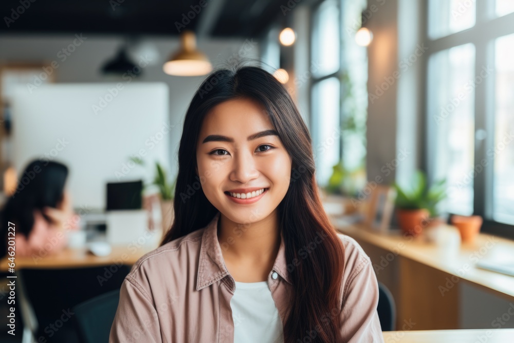 Smiling portrait of a happy chinese woman working for a modern startup company in a business office Smiling portrait of a happy chinese woman working for a modern startup company in a business office