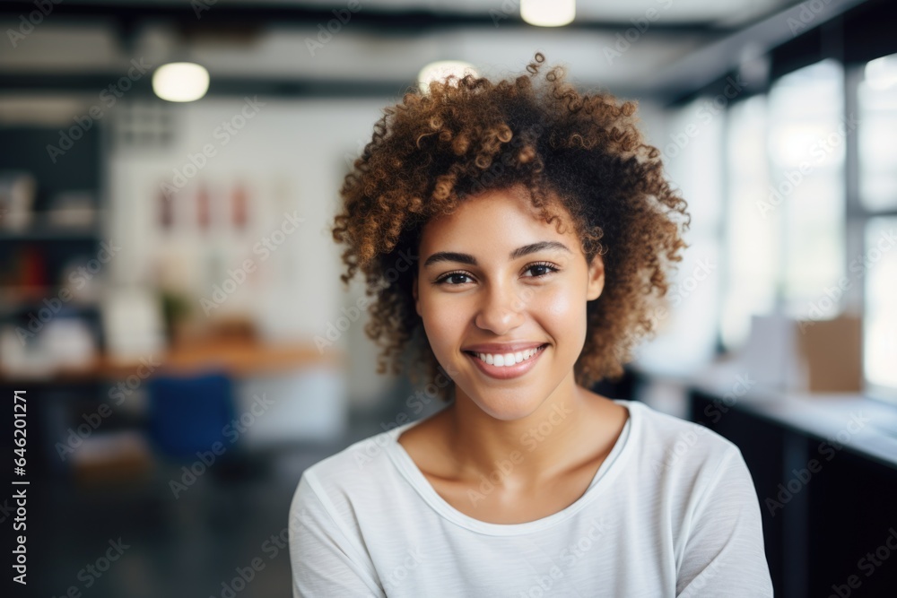 Smiling portrait of a happy young african american businesswoman working in a startup company office Smiling portrait of a happy young african american businesswoman working in a startup company office