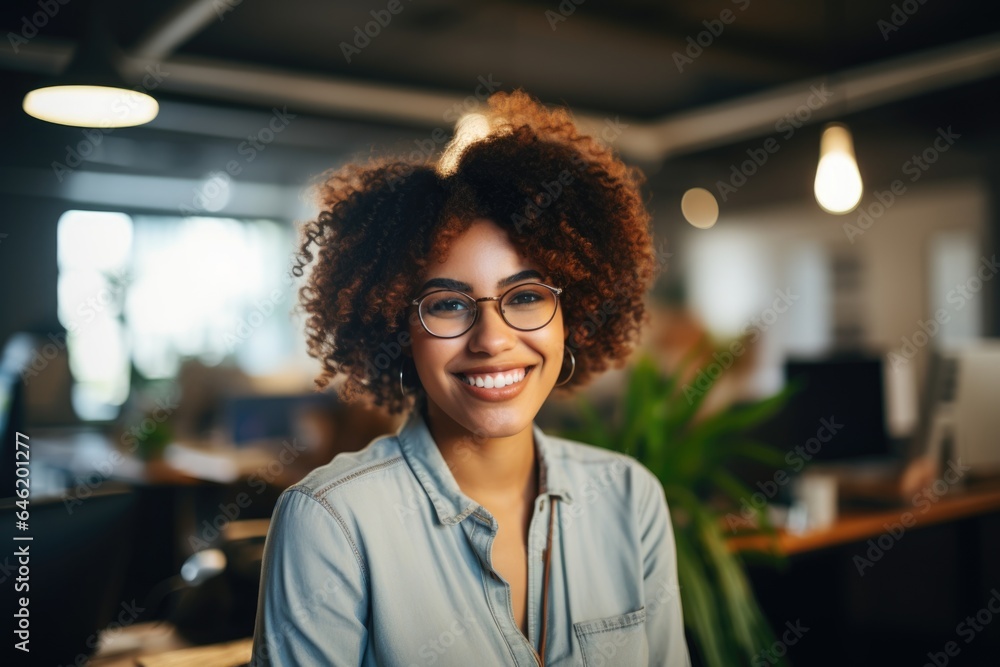 Smiling portrait of a happy young african american businesswoman working in a startup company office Smiling portrait of a happy young african american businesswoman working in a startup company office