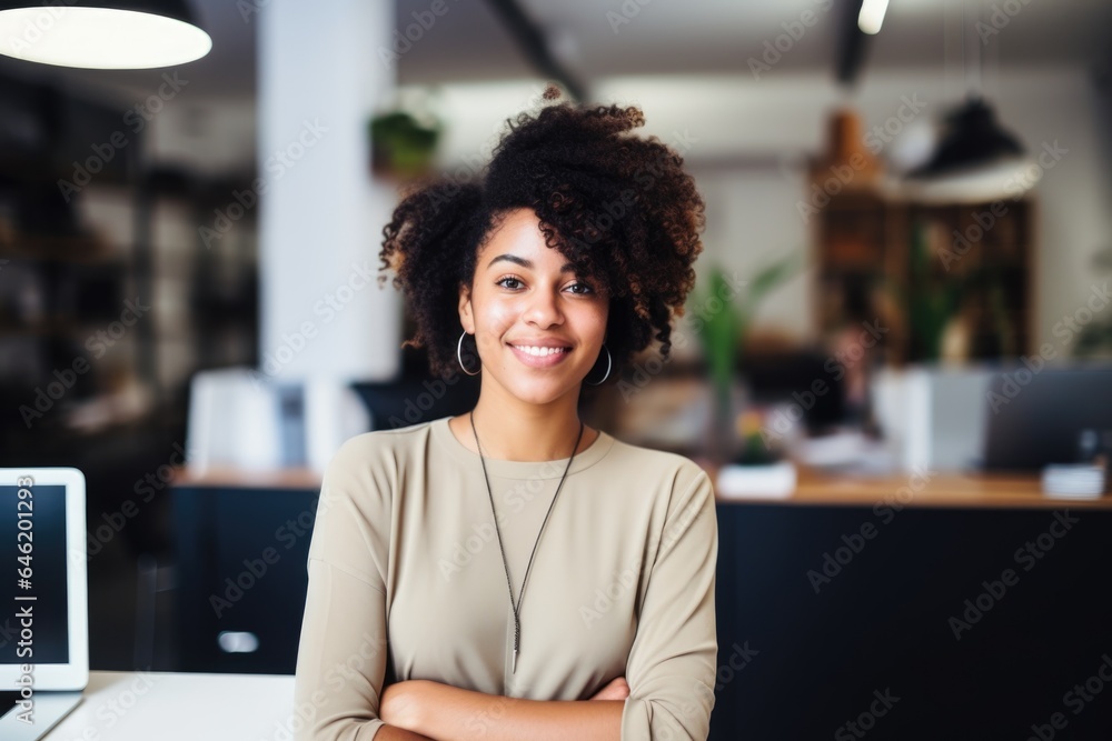 Smiling portrait of a happy young african american businesswoman working in a startup company office