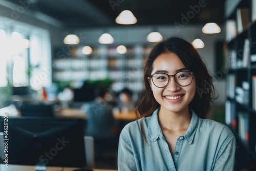Smiling portrait of a happy korean woman working for a modern startup company in a business office