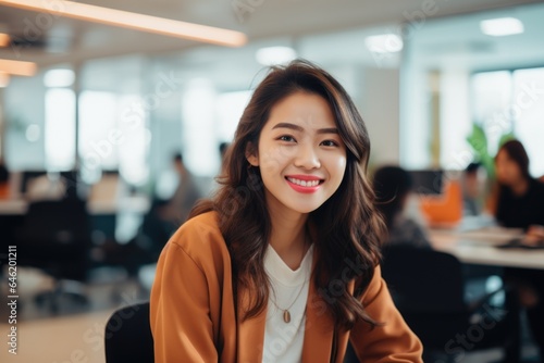Smiling portrait of a happy chinese woman working for a modern startup company in a business office