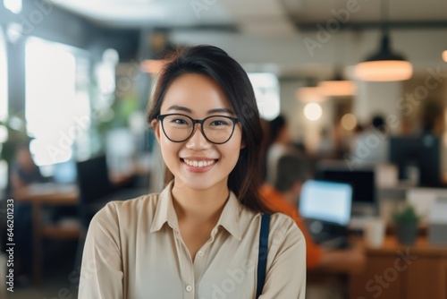 Smiling portrait of a happy chinese woman working for a modern startup company in a business office