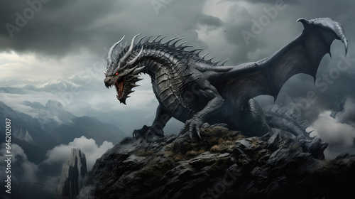 a dragon is sitting on top of cliffs while breathing © Kien