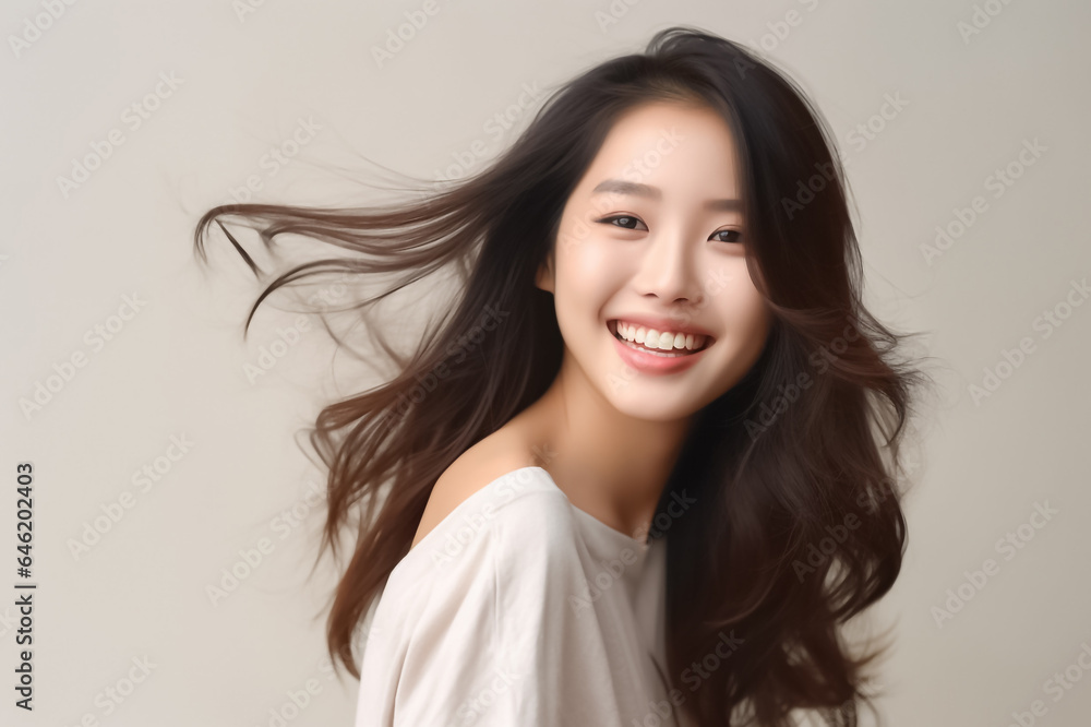 Fototapeta premium Close-up portrait of woman nice attractive lovely pretty cheerful cheery glad wavy-haired girl folded arms isolated over nude pastel color background. Generative AI.