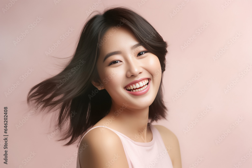 Close-up portrait of woman nice attractive lovely pretty cheerful cheery glad wavy-haired girl folded arms isolated over nude pastel color background. Generative AI. Close-up portrait of woman nice attractive lovely pretty cheerful cheery glad wavy-haired girl folded arms isolated over nude pastel color background. Generative AI.