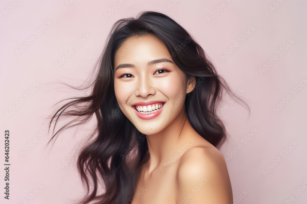 Close-up portrait of woman nice attractive lovely pretty cheerful cheery glad wavy-haired girl folded arms isolated over nude pastel color background. Generative AI. Close-up portrait of woman nice attractive lovely pretty cheerful cheery glad wavy-haired girl folded arms isolated over nude pastel color background. Generative AI.