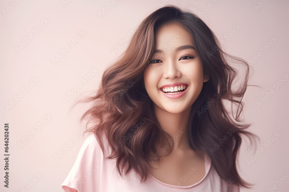 Close-up portrait of woman nice attractive lovely pretty cheerful cheery glad wavy-haired girl folded arms isolated over nude pastel color background. Generative AI. Close-up portrait of woman nice attractive lovely pretty cheerful cheery glad wavy-haired girl folded arms isolated over nude pastel color background. Generative AI.