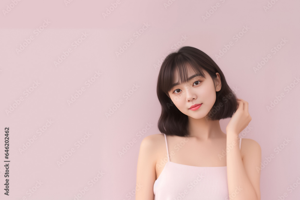 Close-up portrait of woman nice attractive lovely pretty cheerful cheery glad wavy-haired girl folded arms isolated over nude pastel color background. Generative AI. Close-up portrait of woman nice attractive lovely pretty cheerful cheery glad wavy-haired girl folded arms isolated over nude pastel color background. Generative AI.
