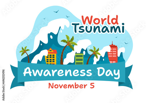 World Tsunami Awareness Day Vector Illustration on 5 November with Waves Hitting Houses and Building Landscape in Flat Cartoon Background Templates