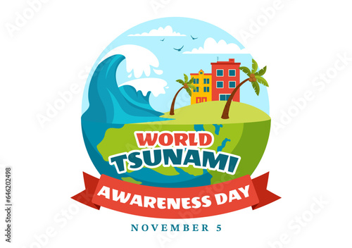 World Tsunami Awareness Day Vector Illustration on 5 November with Waves Hitting Houses and Building Landscape in Flat Cartoon Background Templates