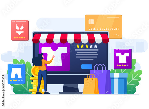 Buy clothes from online clothing store, Online shopping, Order online, e-commerce website, Digital or Virtual marketplace, Internet store flat illustration for landing page, web design, infographic
