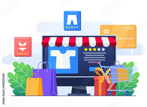Buy clothes from online clothing store, Online shopping, Order online, e-commerce website, Digital or Virtual marketplace, Internet store flat illustration for landing page, web design, infographic