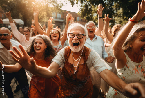 many happy old people in glasses were dancing around, happy retired life concept © Kien