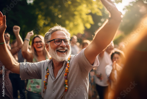 many happy old people in glasses were dancing around, happy retired life concept