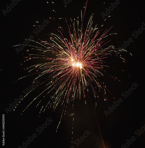 multiple colorful pink and green fireworks at night