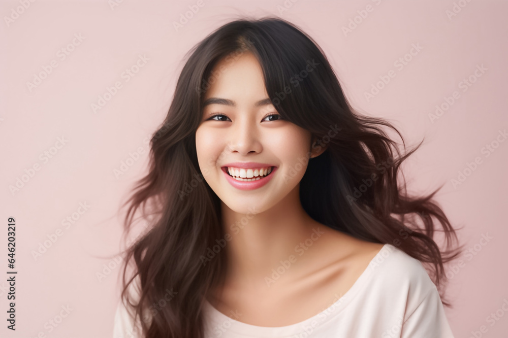 Close-up portrait of woman nice attractive lovely pretty cheerful cheery glad wavy-haired girl folded arms isolated over nude pastel color background. Generative AI. Close-up portrait of woman nice attractive lovely pretty cheerful cheery glad wavy-haired girl folded arms isolated over nude pastel color background. Generative AI.