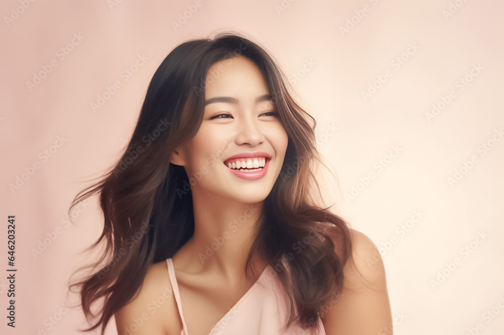 Close-up portrait of woman nice attractive lovely pretty cheerful cheery glad wavy-haired girl folded arms isolated over nude pastel color background. Generative AI. Close-up portrait of woman nice attractive lovely pretty cheerful cheery glad wavy-haired girl folded arms isolated over nude pastel color background. Generative AI.