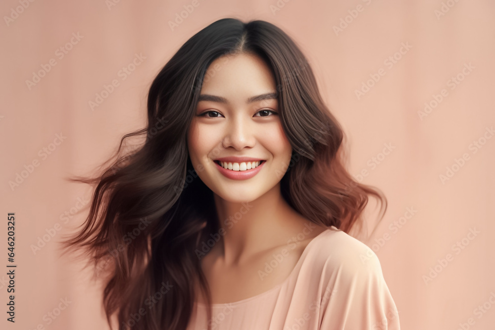 Close-up portrait of woman nice attractive lovely pretty cheerful cheery glad wavy-haired girl folded arms isolated over nude pastel color background. Generative AI. Close-up portrait of woman nice attractive lovely pretty cheerful cheery glad wavy-haired girl folded arms isolated over nude pastel color background. Generative AI.
