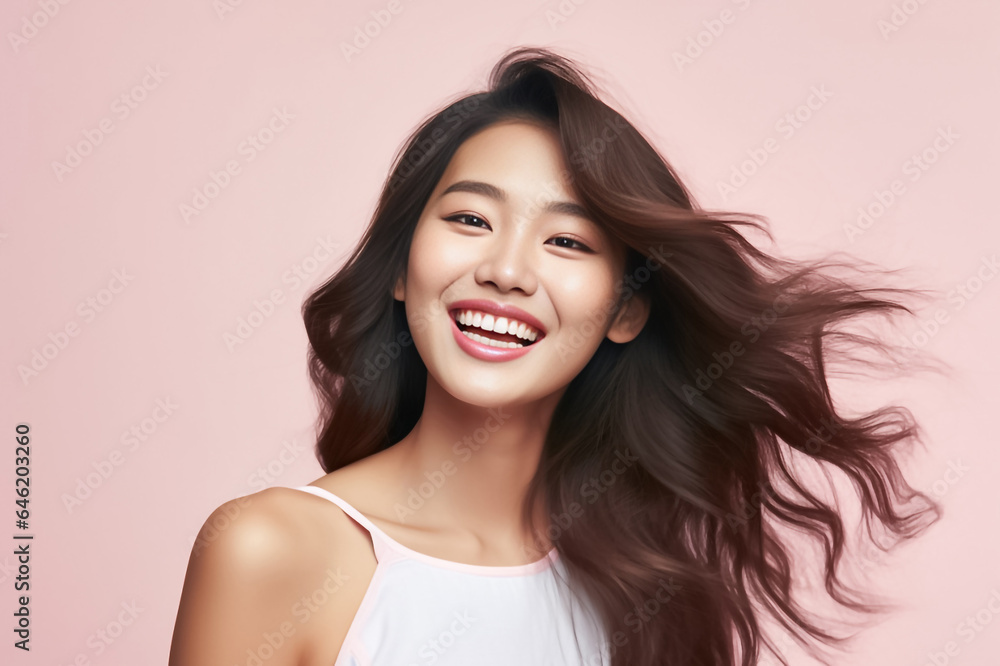 Close-up portrait of woman nice attractive lovely pretty cheerful cheery glad wavy-haired girl folded arms isolated over nude pastel color background. Generative AI. Close-up portrait of woman nice attractive lovely pretty cheerful cheery glad wavy-haired girl folded arms isolated over nude pastel color background. Generative AI.