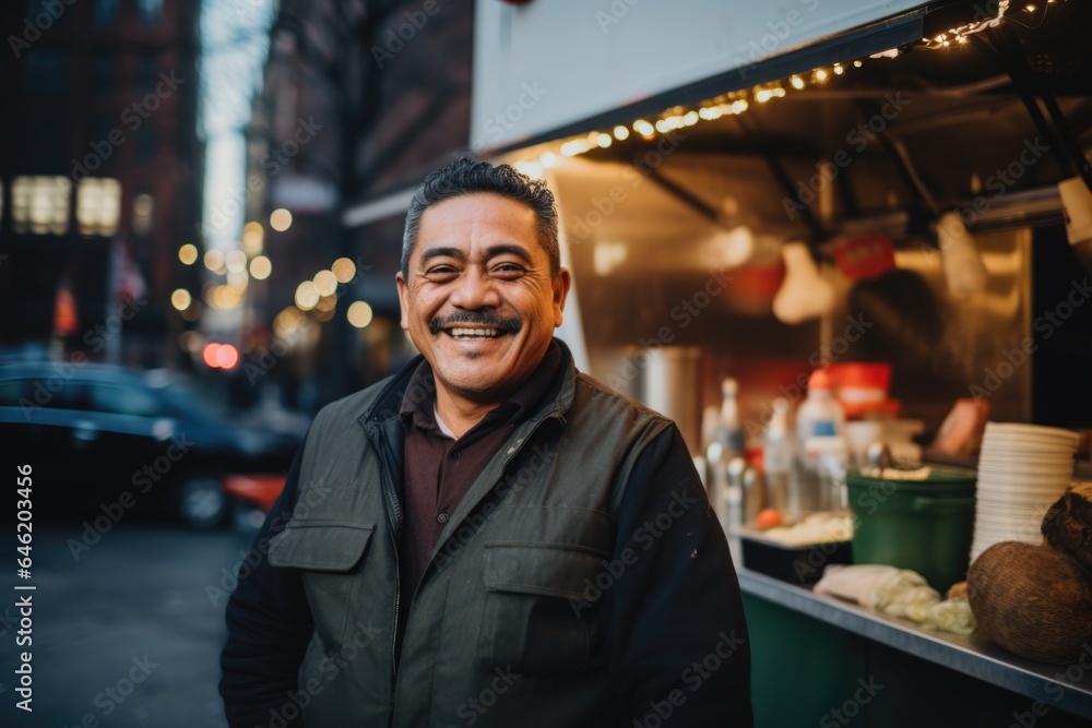 Smiling portrait of a middle aged mexican food truck owner working in his food truck in the city Smiling portrait of a middle aged mexican food truck owner working in his food truck in the city