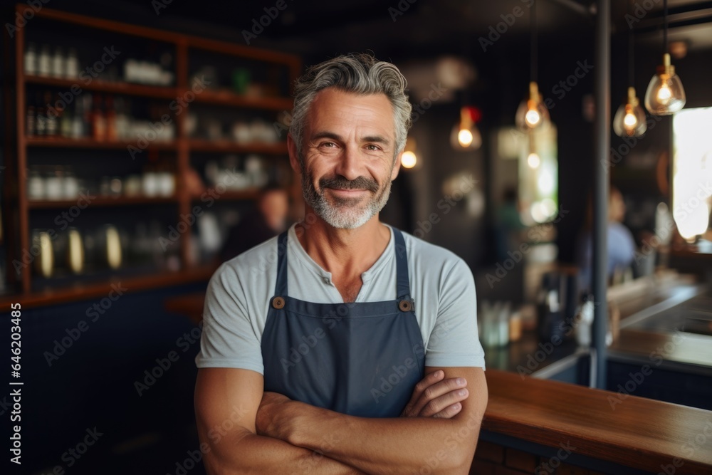 Smiling portrait of a happy middle aged caucasian small busness and restaurant owner in his restaurant Smiling portrait of a happy middle aged caucasian small busness and restaurant owner in his restaurant