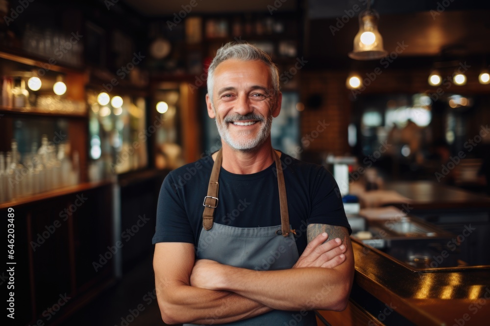 Fototapeta premium Smiling portrait of a happy middle aged caucasian small busness and restaurant owner in his restaurant