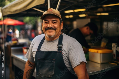 Smiling portrait of a middle aged mexican food truck owner working in his food truck in the city