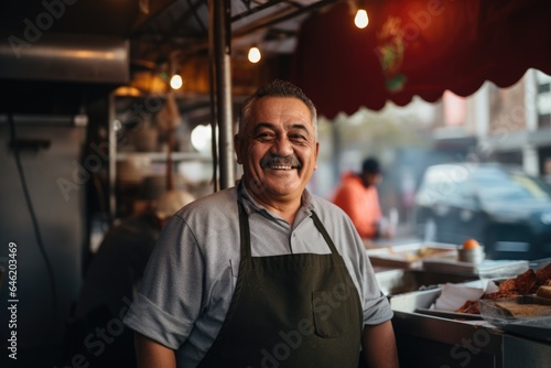Smiling portrait of a middle aged mexican food truck owner working in his food truck in the city © NikoG