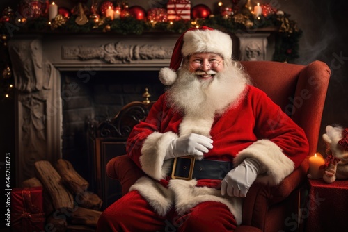 Smiling santa claus in a cozy home with a fireplace decorated for christmas and the new year holiday