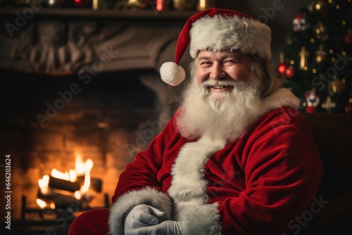 Smiling santa claus in a cozy home with a fireplace decorated for christmas and the new year holiday