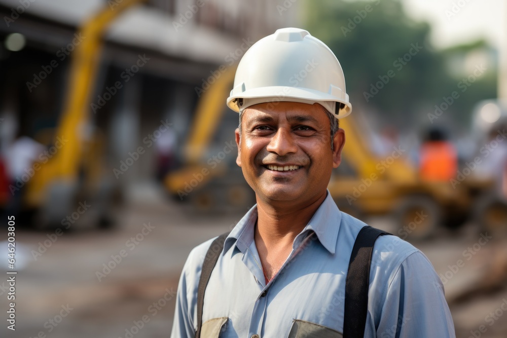 Smiling portrait of a happy male indian architect or developer working on a construction site Smiling portrait of a happy male indian architect or developer working on a construction site