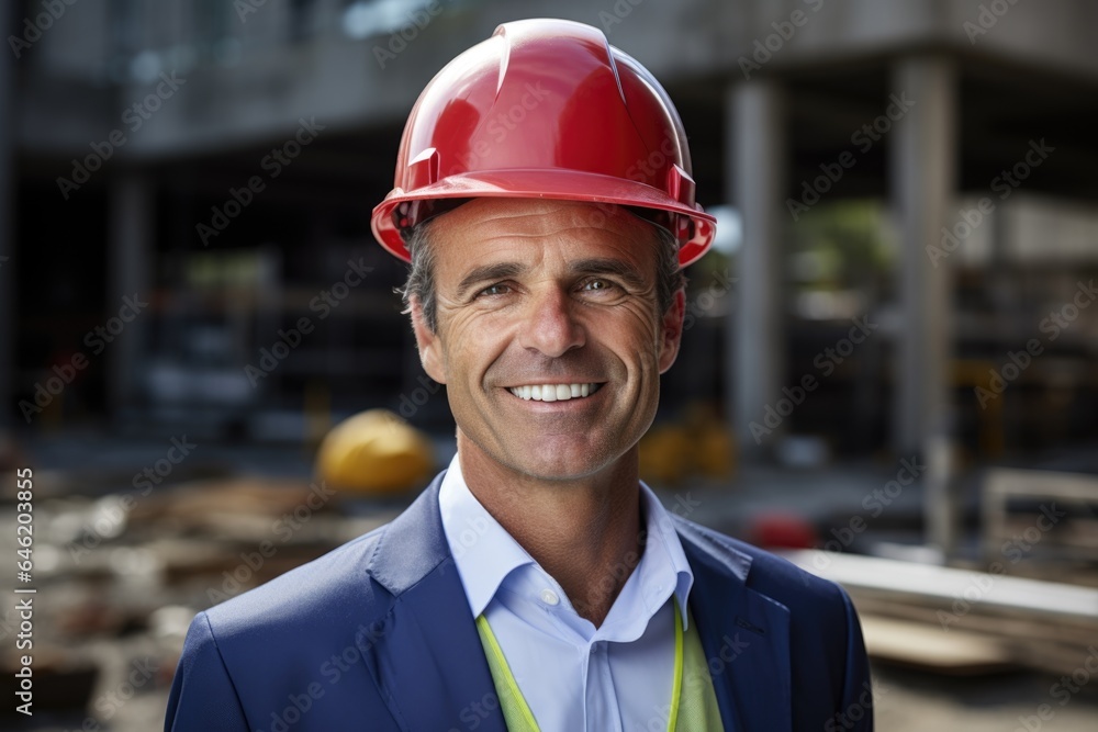 Smiling portrait of a happy white male developer or architect working on a construction site Smiling portrait of a happy white male developer or architect working on a construction site