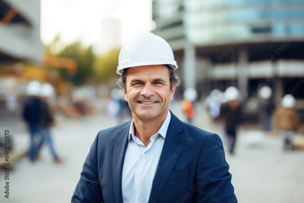 Smiling portrait of a happy white male developer or architect working on a construction site Smiling portrait of a happy white male developer or architect working on a construction site