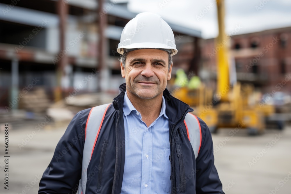 Smiling portrait of a happy white male developer or architect working on a construction site