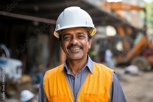 Smiling portrait of a happy male indian architect or developer working on a construction site © NikoG