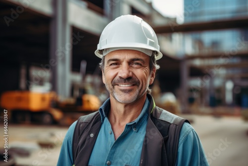 Smiling portrait of a happy white male developer or architect working on a construction site © NikoG