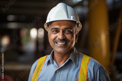 Smiling portrait of a happy male indian architect or developer working on a construction site