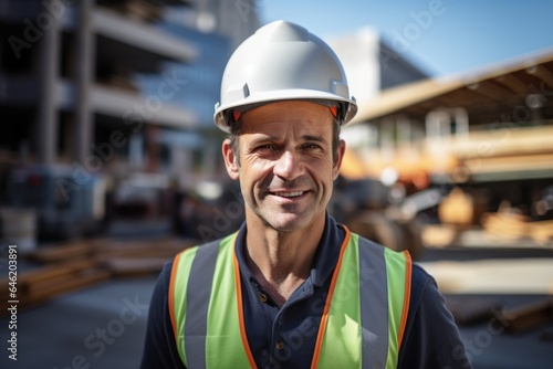 Smiling portrait of a happy white male developer or architect working on a construction site