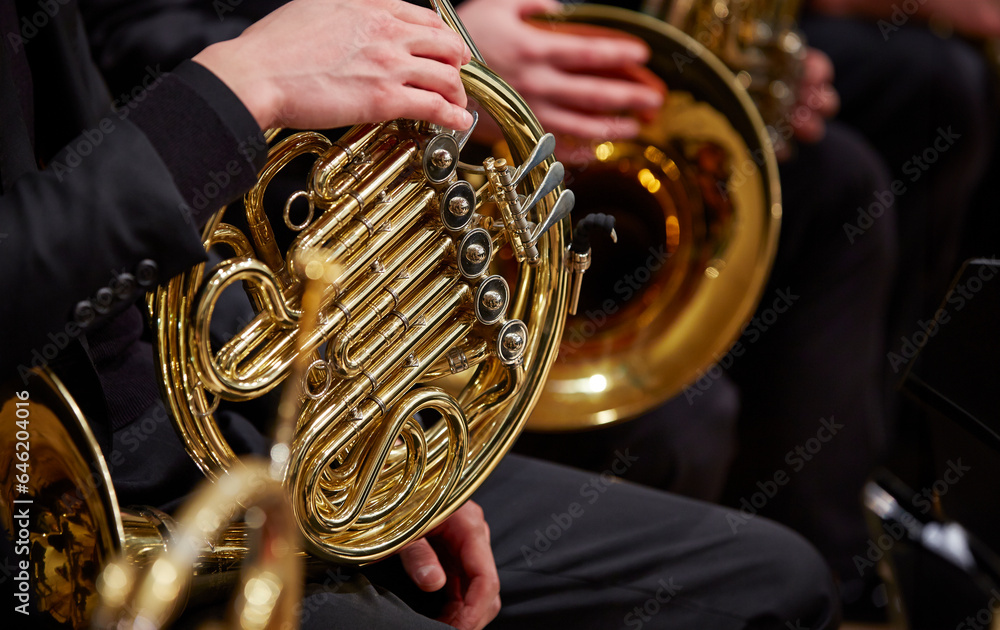 Fototapeta premium Close up of person hands playing horn 