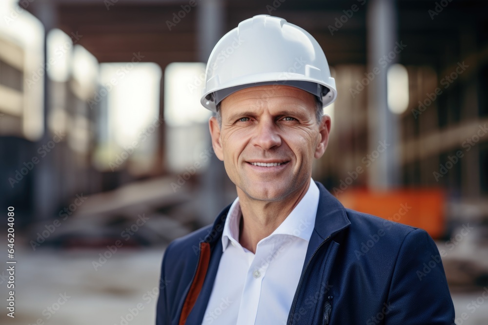 Smiling portrait of a happy male swiss developer or architect working on a construction site Smiling portrait of a happy male swiss developer or architect working on a construction site