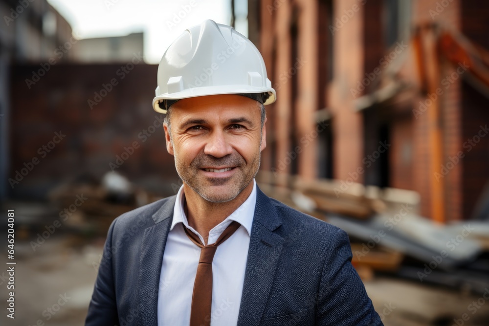 Smiling portrait of a happy male swiss developer or architect working on a construction site Smiling portrait of a happy male swiss developer or architect working on a construction site