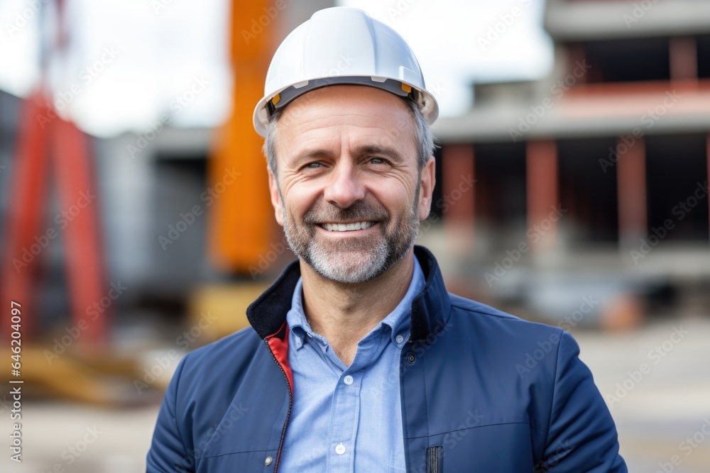Smiling portrait of a happy male swiss developer or architect working on a construction site Smiling portrait of a happy male swiss developer or architect working on a construction site