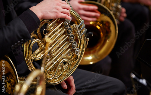 Close up of person hands playing horn	