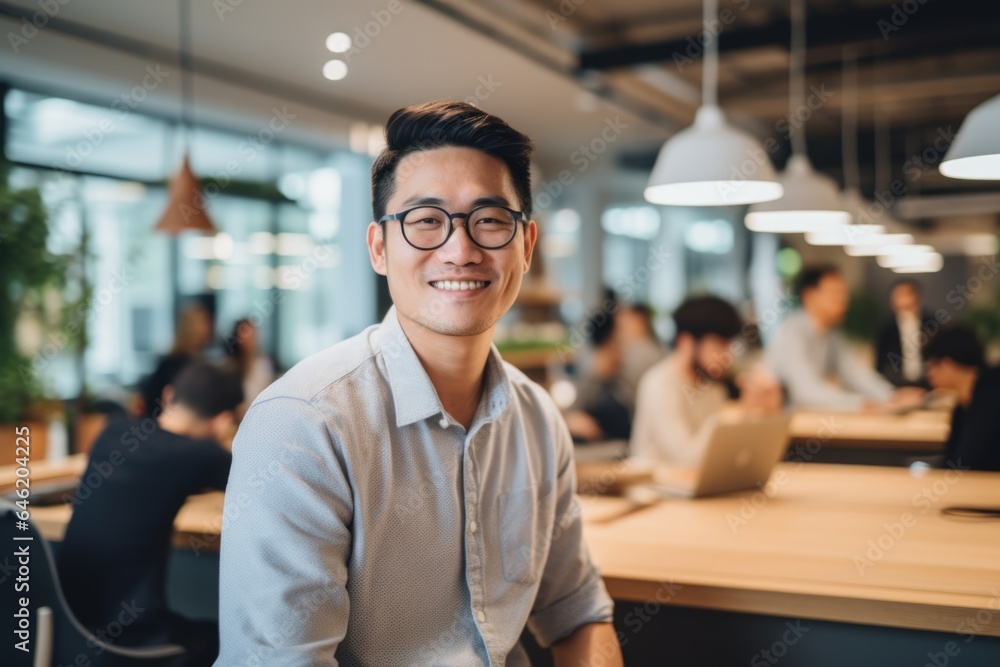 Smiling portrait of a happy young asian man working for a modern startup company in a business office