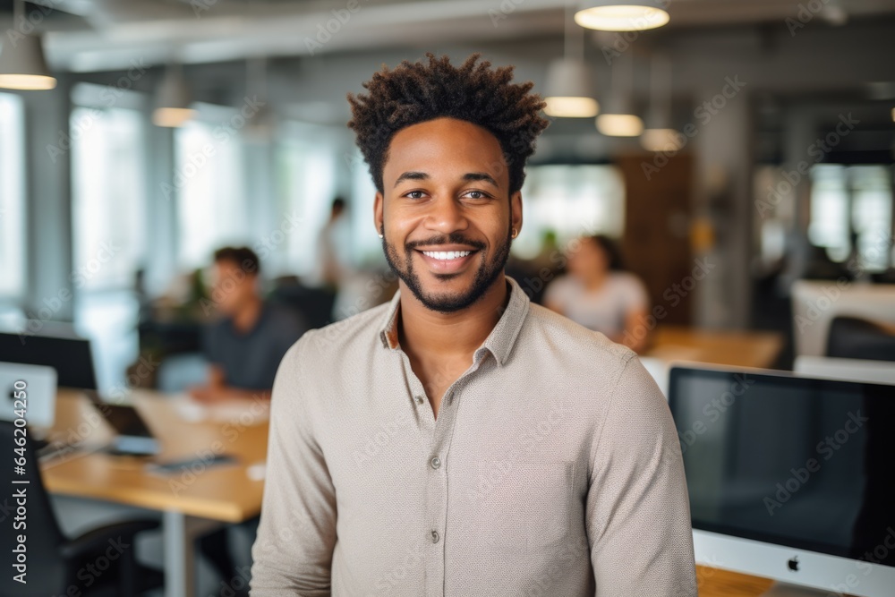 Smiling portrait of a happy young african american man working in a modern startup company in a business office Smiling portrait of a happy young african american man working in a modern startup company in a business office