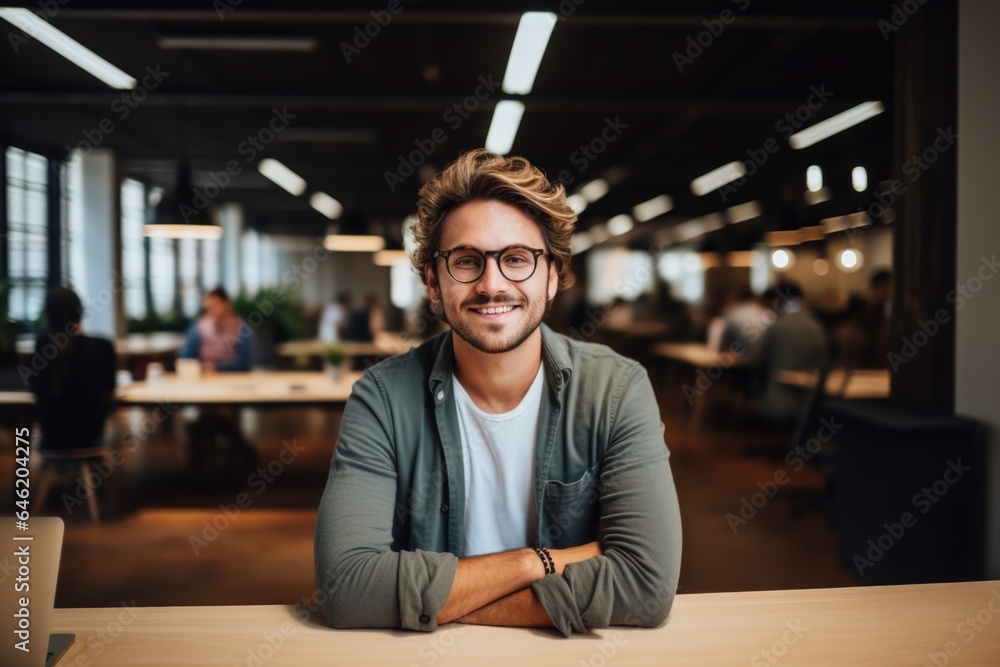Naklejka premium Smiling portrait of a happy young caucasian man working for a modern startup company in a business office