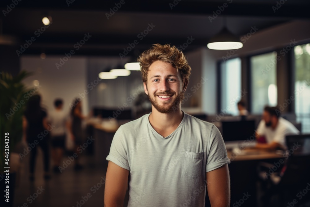 Fototapeta premium Smiling portrait of a happy young caucasian man working for a modern startup company in a business office