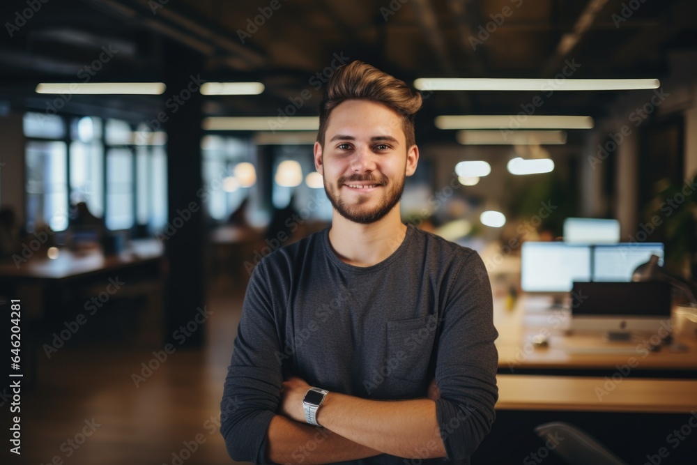Smiling portrait of a happy young caucasian man working for a modern startup company in a business office Smiling portrait of a happy young caucasian man working for a modern startup company in a business office