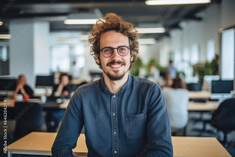 Fototapeta premium Smiling portrait of a happy young caucasian man working for a modern startup company in a business office